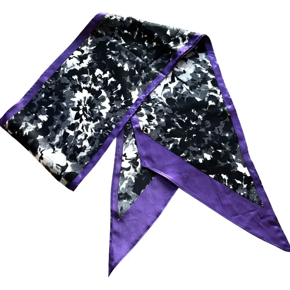 Vintage silk scarf long black gray & white floral and purple border pointy ends